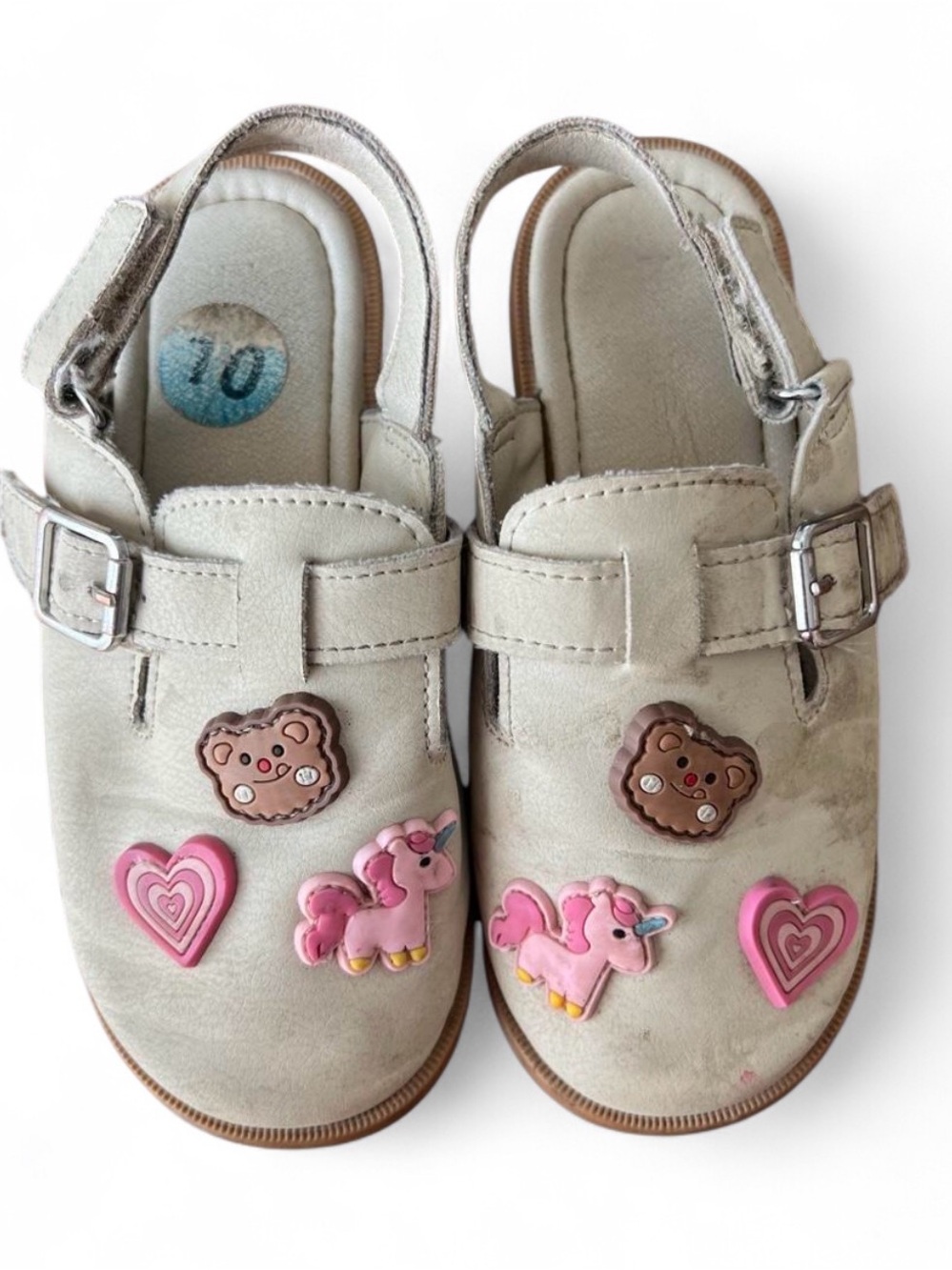 Girls Beige Slingback Sandals with Pink Unicorn & Heart Accents